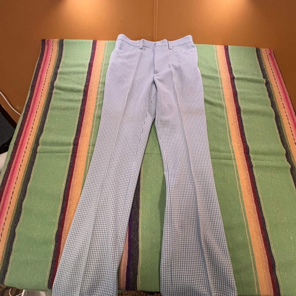 Vintage Gingham Trousers Mens 30x33 Blue White Check 70s Flare Retro Pants